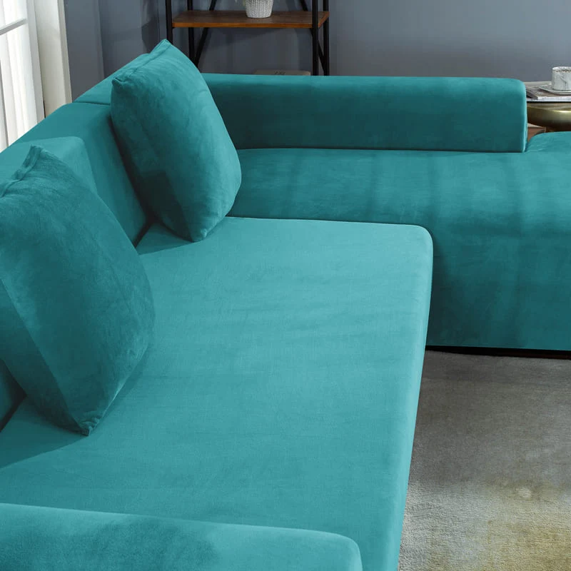 Housse de Canapé d'Angle Velours Bleu paon