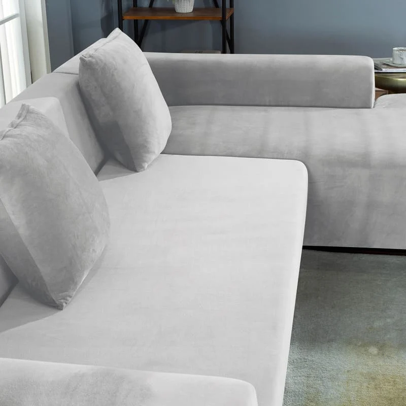 Housse de Canapé d'Angle Velours Gris argent