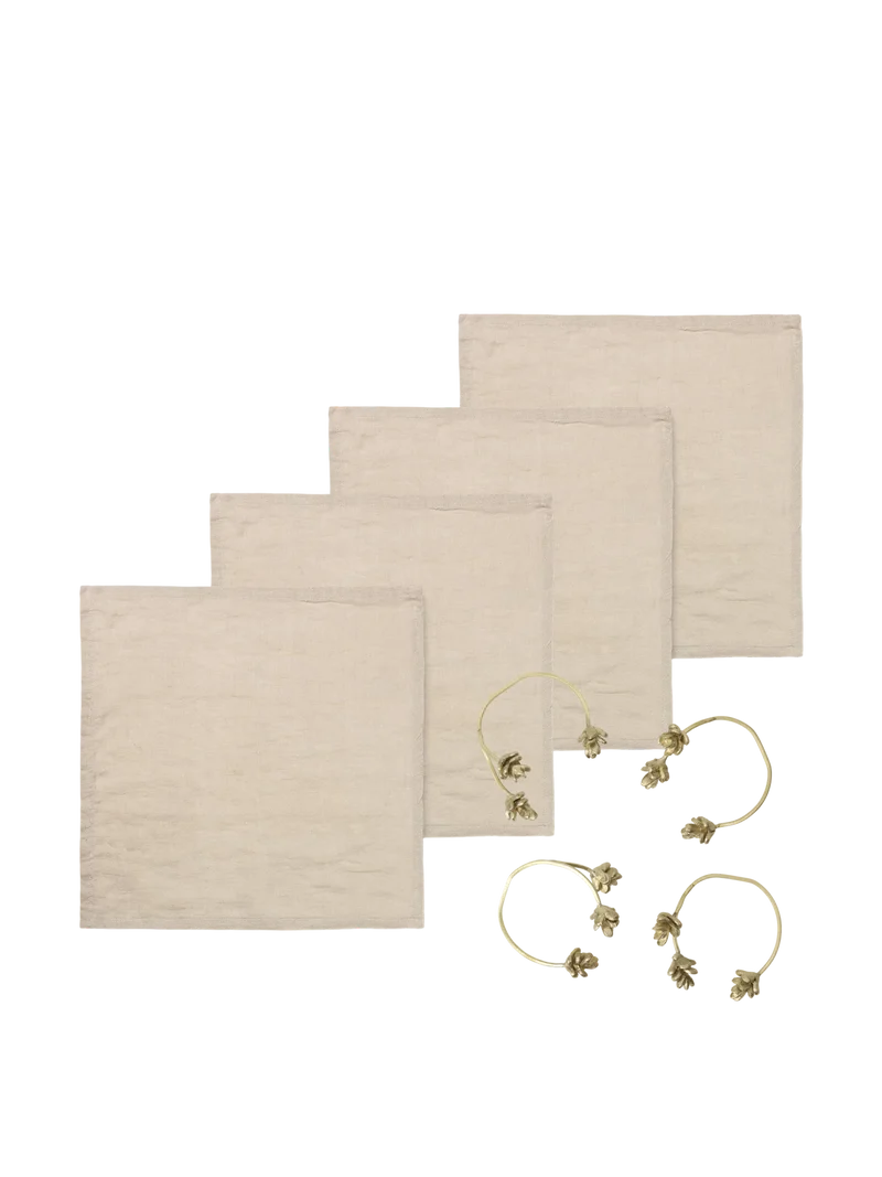 Forest Napkin Rings - Brass & Linen Napkins - Set of 4 - Natural - Gift Set