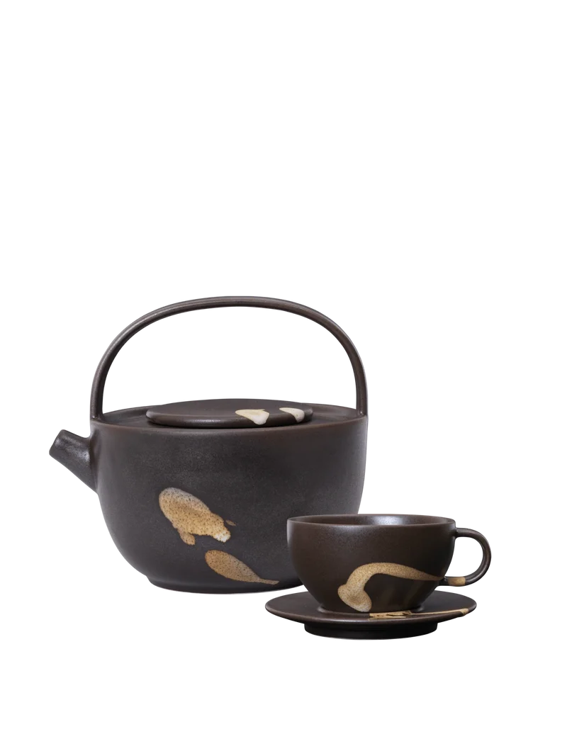 Koyo Teapot & Koyo Cup with Saucer Gift Set - Dark Brown/Buff