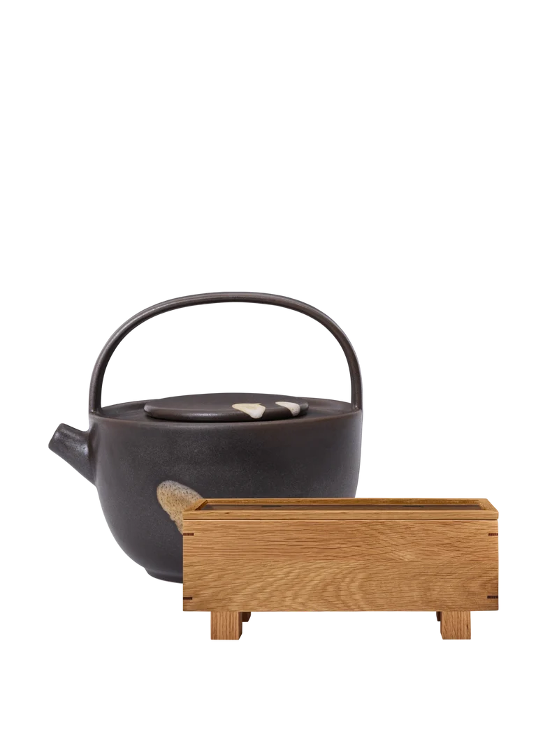 Koyo Teapot - Dark Brown/Buff & Bon Tea Organiser - Natural Oak - Gift Set