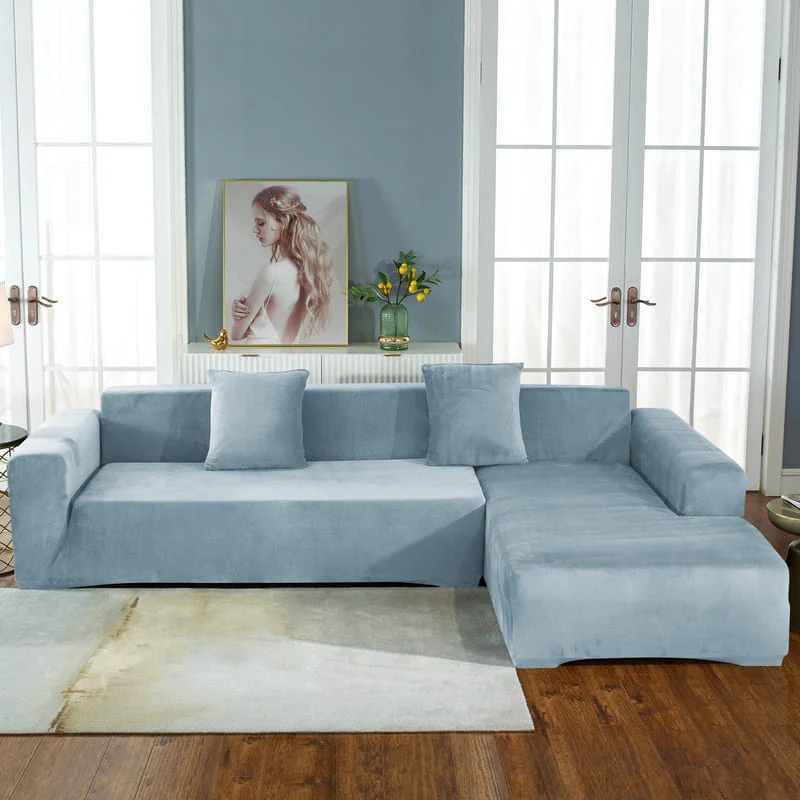 Housse de Canapé d'Angle Velours Bleu-gris