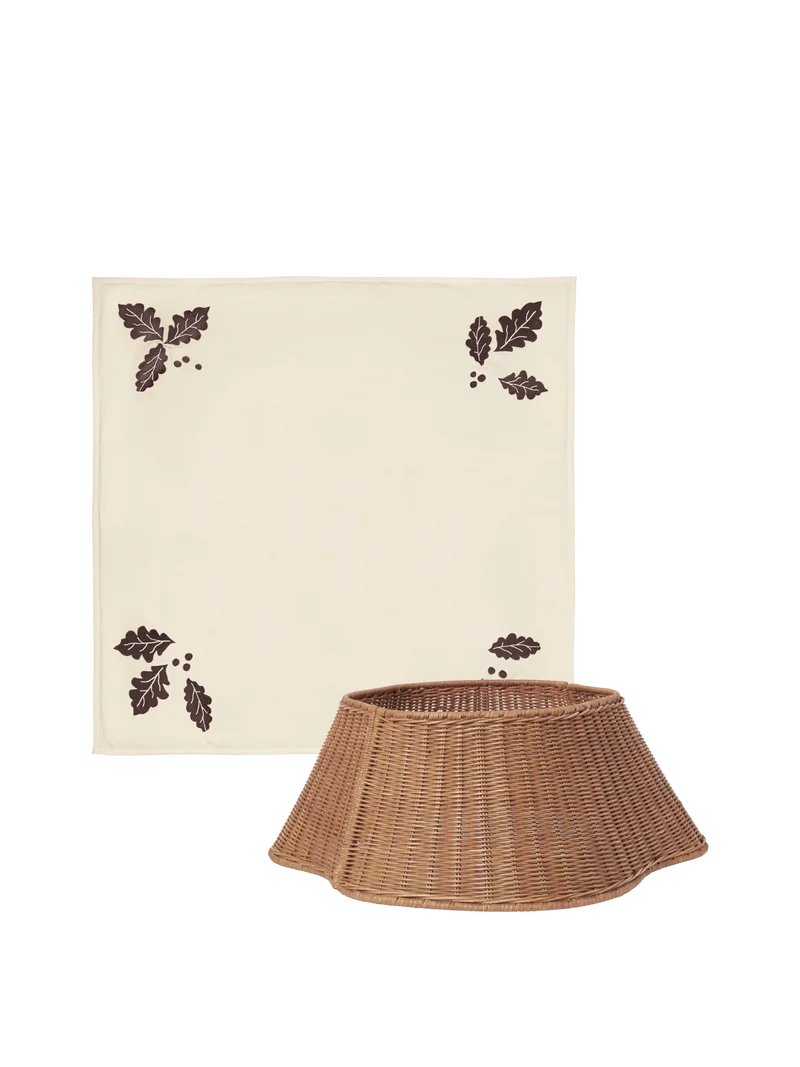 Drape Braided Tree Skirt - Natural & Oak Christmas Tree Blanket - Square - Gift Set