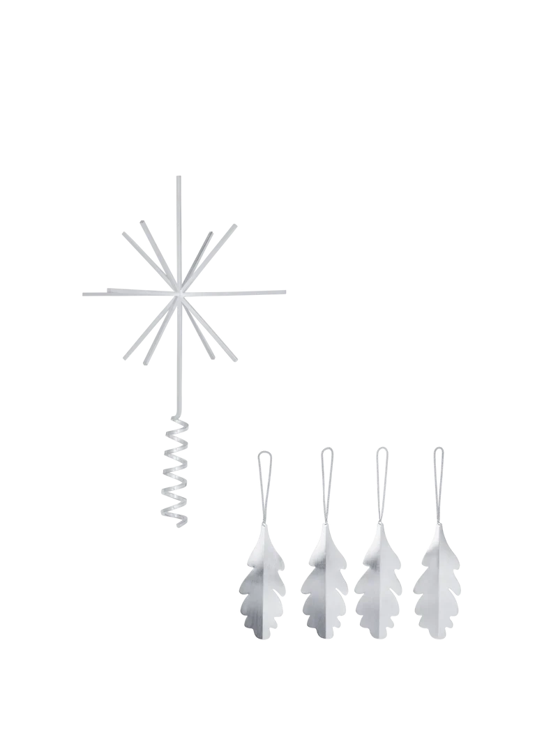 Christmas Tree Top Star & Oak Leaf Ornaments - Set of 4 - Gift Set - Silver
