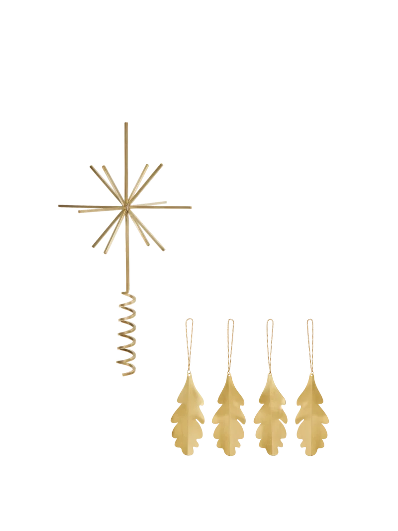 Christmas Tree Top Star & Oak Leaf Ornaments - Set of 4 - Gift Set - Brass