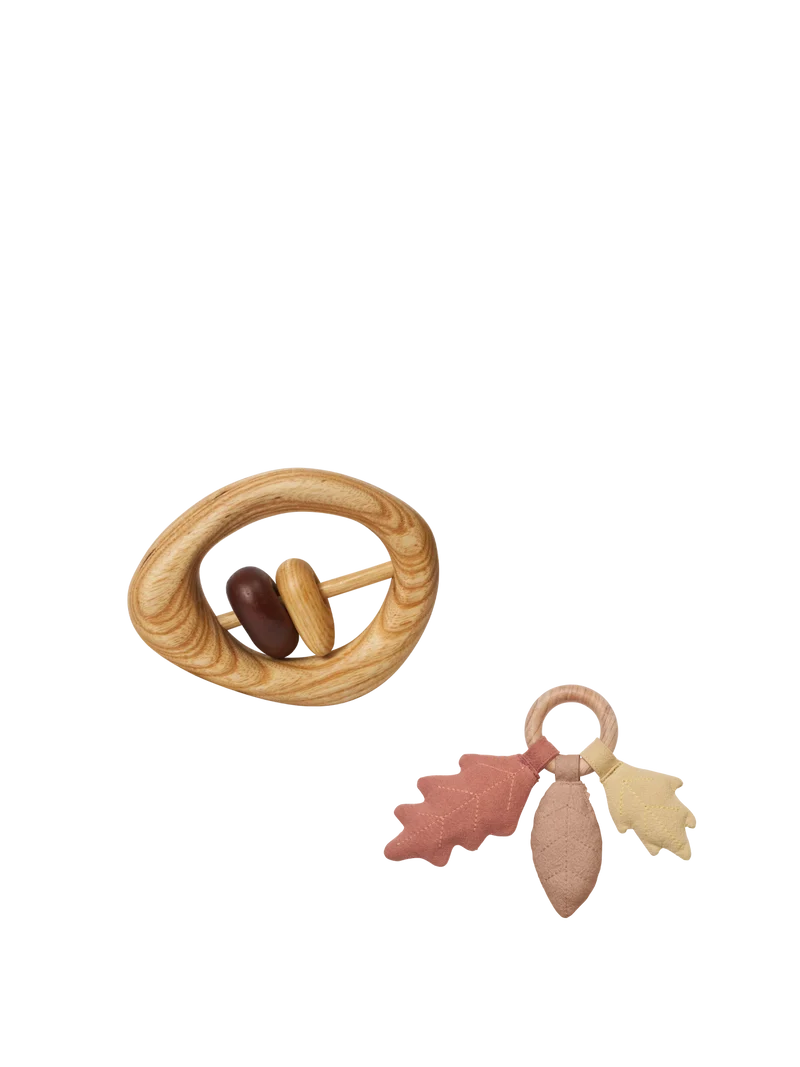 Pebble Rattle - Multi & Leaf Rattle - Rose - Gift Set
