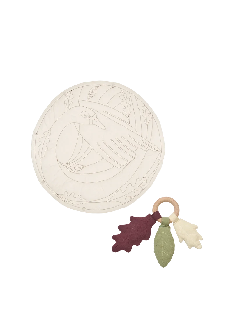 Swan Baby Playmat - Natural & Leaf Rattle - Tea Green - Gift Set