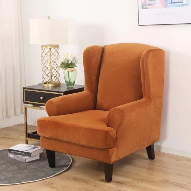 Housse Fauteuil Wingback Velours Orange brulée