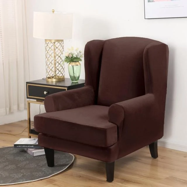 Housse Fauteuil Wingback Velours Marron