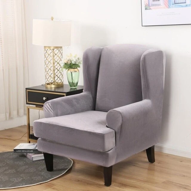 Housse Fauteuil Wingback Velours Gris Clair