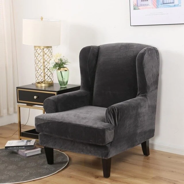 Housse Fauteuil Wingback Velours Gris