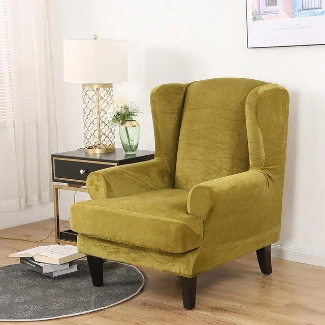 Housse Fauteuil Wingback Velours Vert Olive