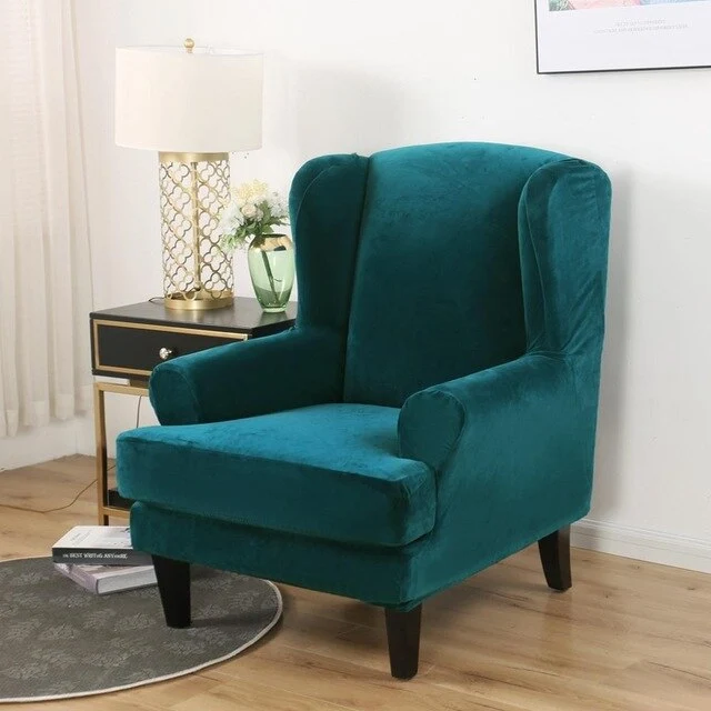 Housse Fauteuil Wingback Velours Bleu Canard