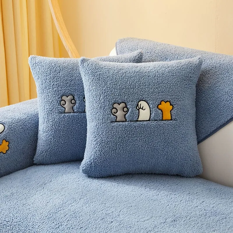 Housse de Coussin EasyCover Sherpa Bouclé aux Chats Brodés — À l'unité