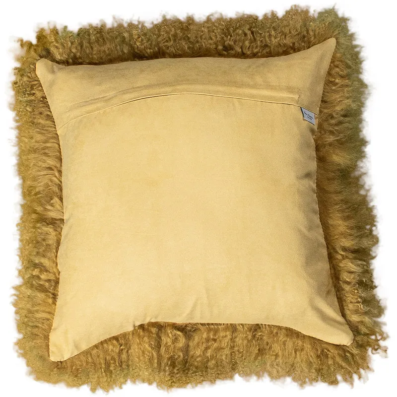 Coussin peau de mouton du Tibet jaune ocre