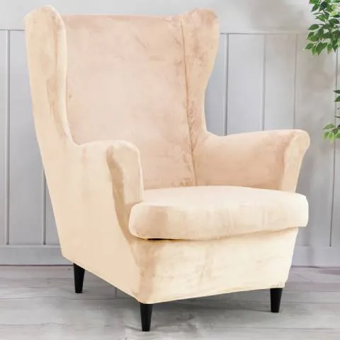 Housse de fauteuil à oreilles velours - Beige - Élégance et Protection