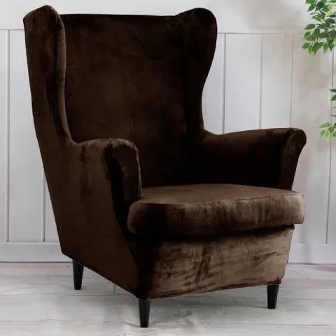 Housse de fauteuil à oreilles velours - Marron - Élégance et Protection
