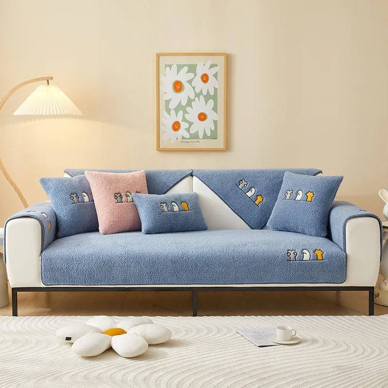 Housse de Canapé EasyCover Sherpa Bouclé aux Chats Brodés