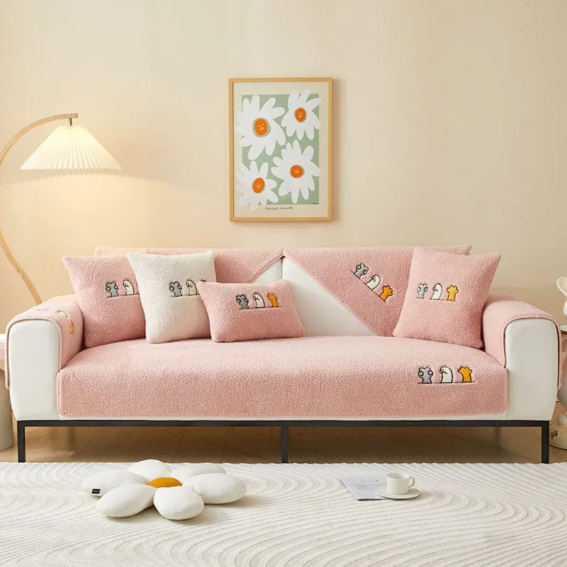 Housse de Canapé EasyCover Sherpa Bouclé aux Chats Brodés
