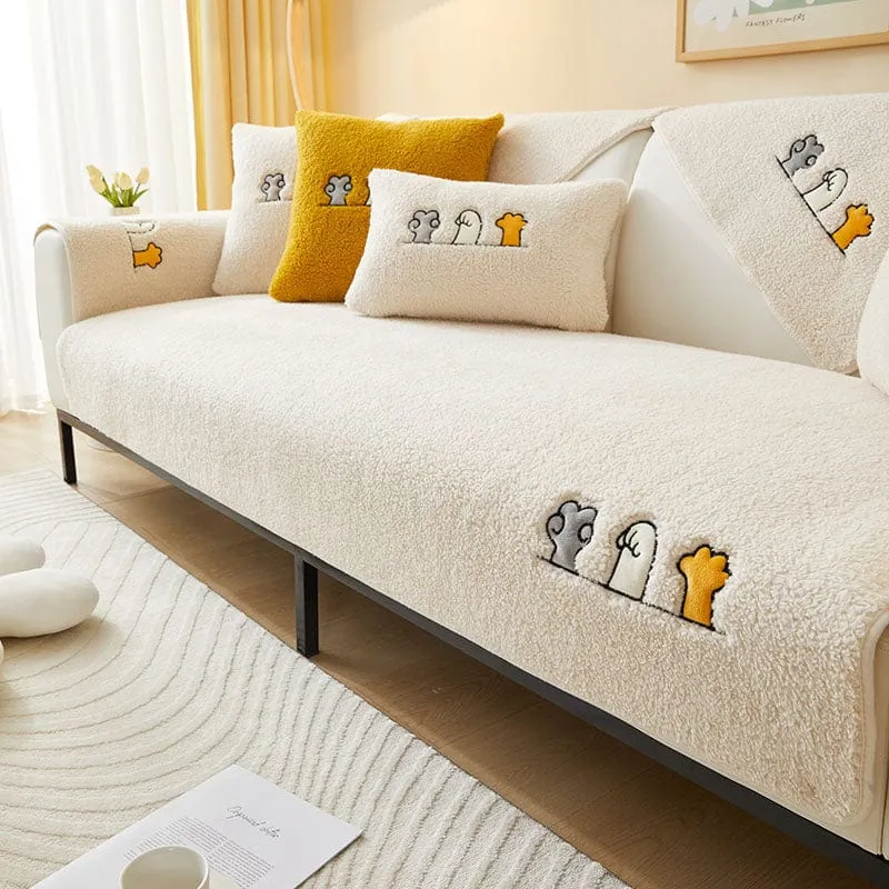 Housse de Canapé EasyCover Sherpa Bouclé aux Chats Brodés