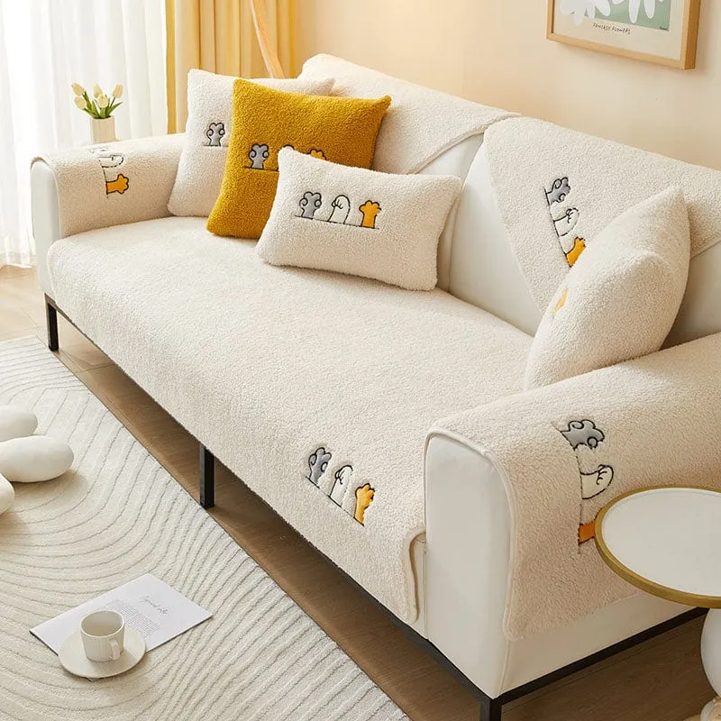 Housse de Canapé EasyCover Sherpa Bouclé aux Chats Brodés
