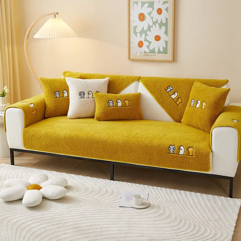 Housse de Canapé EasyCover Sherpa Bouclé aux Chats Brodés