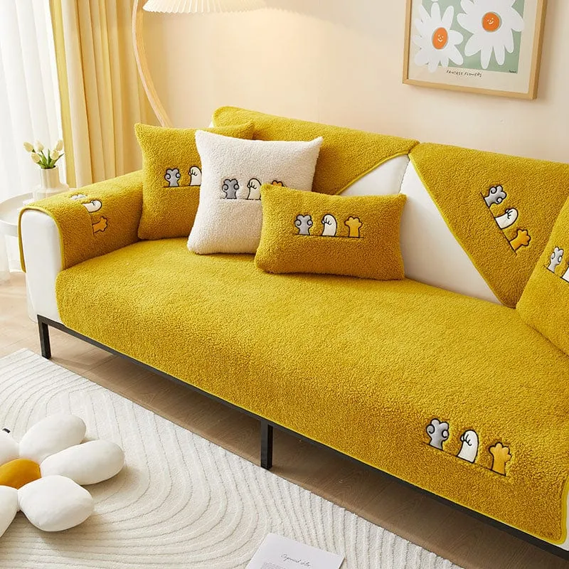 Housse de Canapé EasyCover Sherpa Bouclé aux Chats Brodés