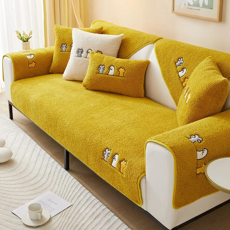 Housse de Canapé EasyCover Sherpa Bouclé aux Chats Brodés