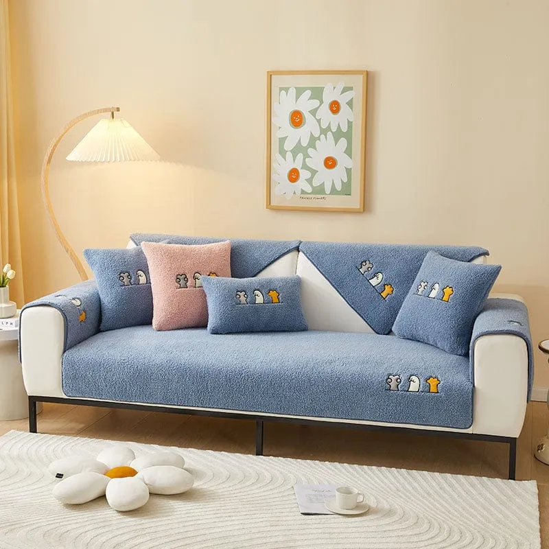 Housse de Canapé EasyCover Sherpa Bouclé aux Chats Brodés