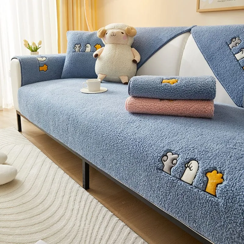Housse de Canapé EasyCover Sherpa Bouclé aux Chats Brodés