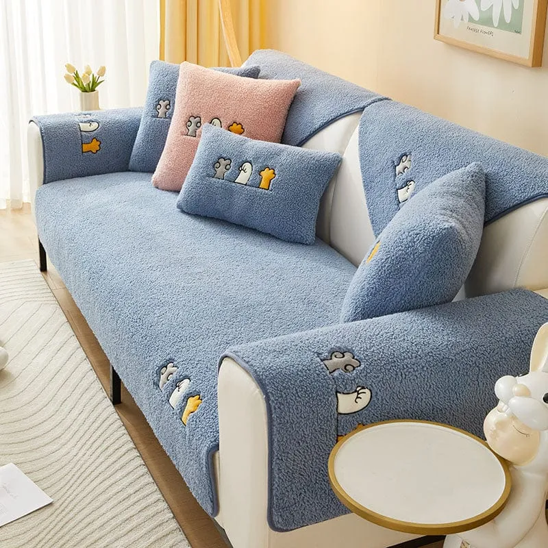 Housse de Canapé EasyCover Sherpa Bouclé aux Chats Brodés