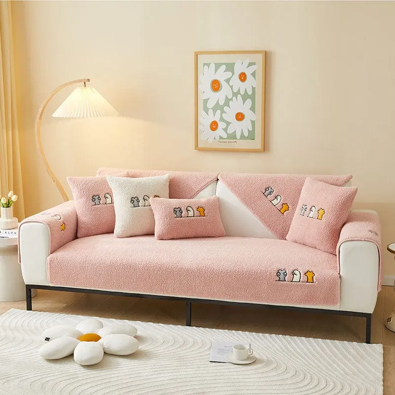 Housse de Canapé EasyCover Sherpa Bouclé aux Chats Brodés