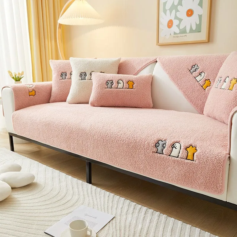 Housse de Canapé EasyCover Sherpa Bouclé aux Chats Brodés