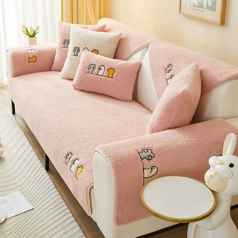 Housse de Canapé EasyCover Sherpa Bouclé aux Chats Brodés