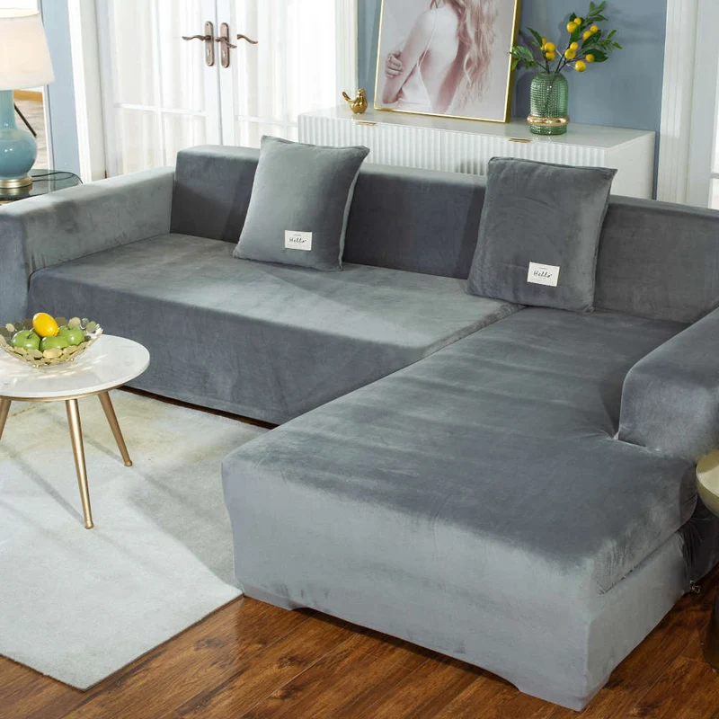 Housse de Canapé d'Angle Velours Gris clair