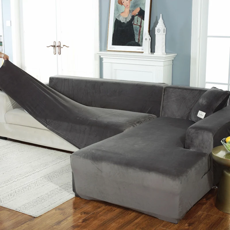Housse de Canapé d'Angle Velours Gris