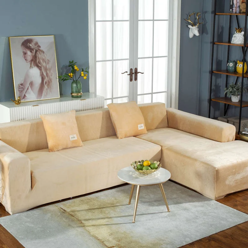 Housse de Canapé d'Angle Velours Beige