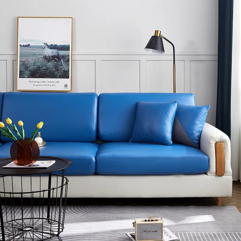 Housse Simili Cuir bleu pour Coussin d'Assise de Canapé