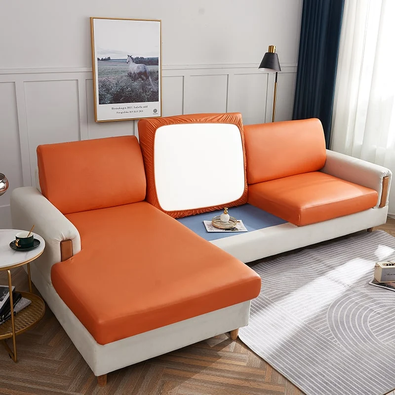 Housse Simili Cuir Orange pour Coussin d'Assise de Canapé