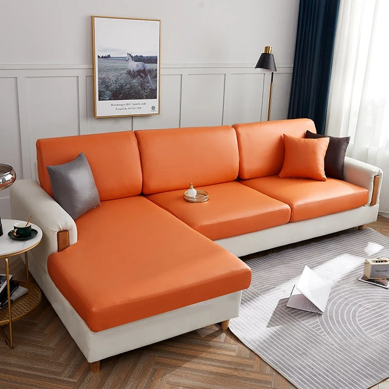 Housse Simili Cuir Orange pour Coussin d'Assise de Canapé