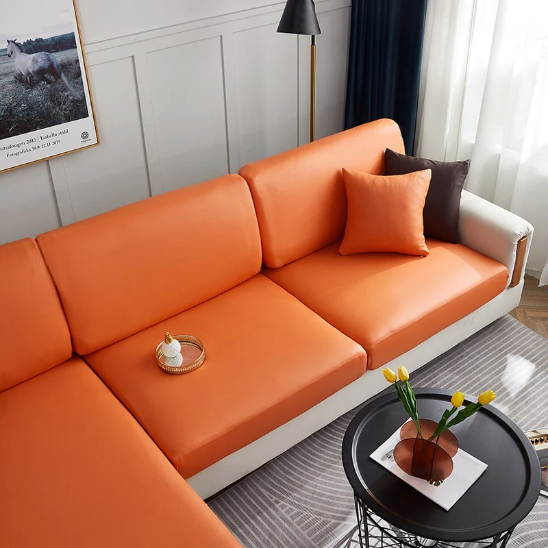 Housse Simili Cuir Orange pour Coussin d'Assise de Canapé