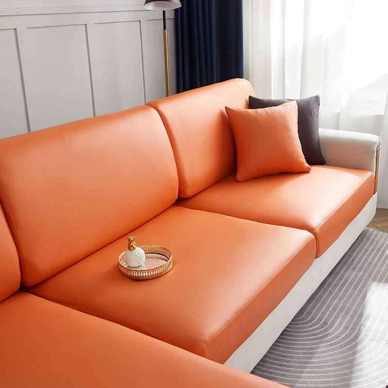 Housse Simili Cuir Orange pour Coussin d'Assise de Canapé