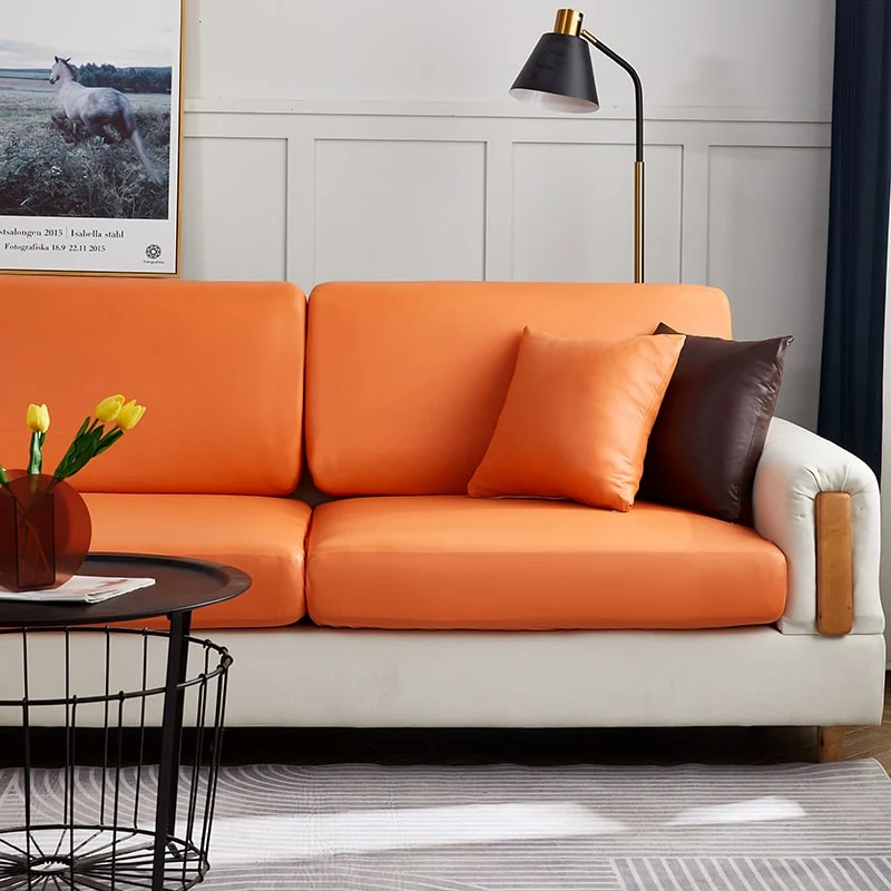 Housse Simili Cuir Orange pour Coussin d'Assise de Canapé