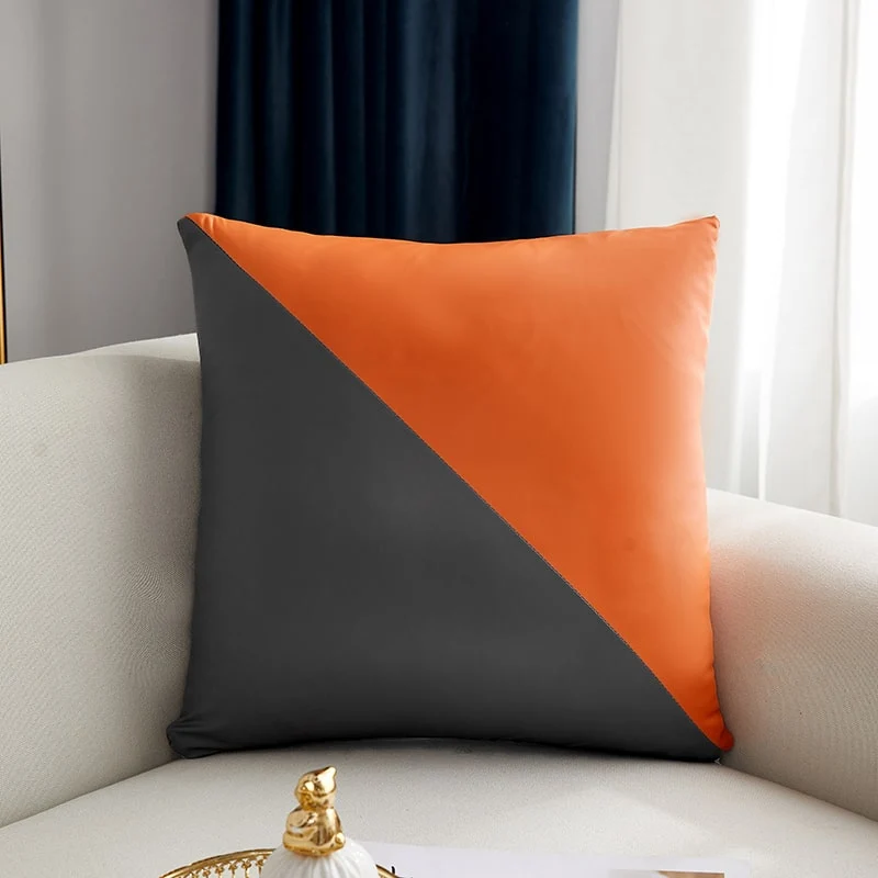 Housse de coussin Cuir - Triangle Orange et Gris