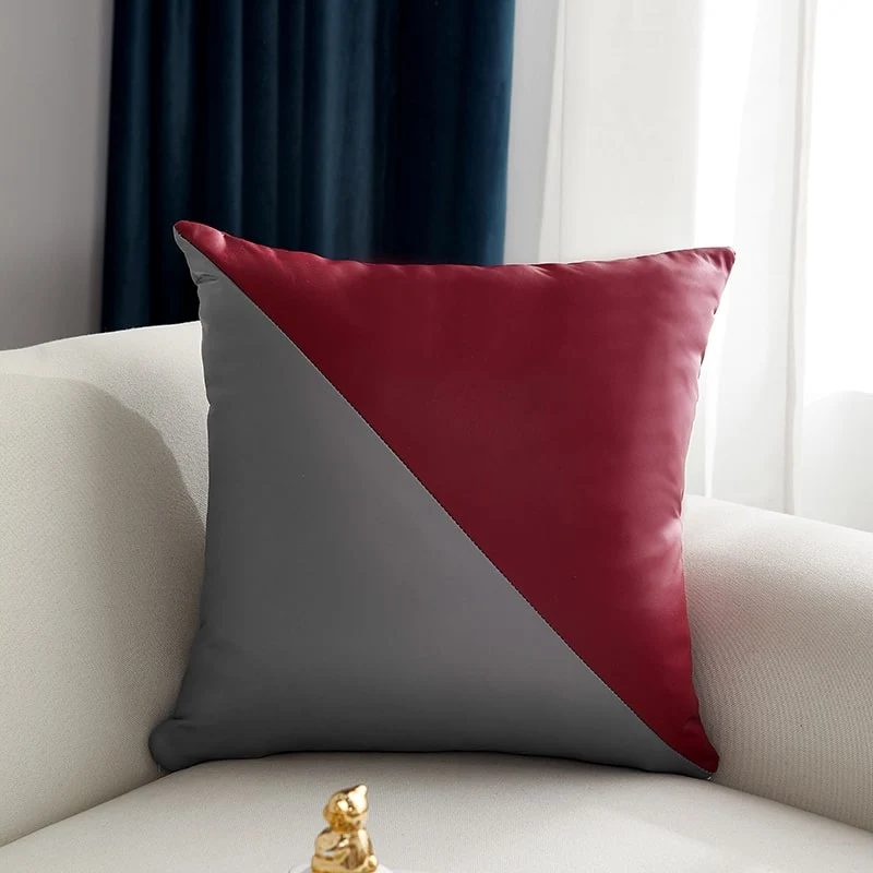 Housse de coussin Cuir - Triangle Bordeaux et Gris
