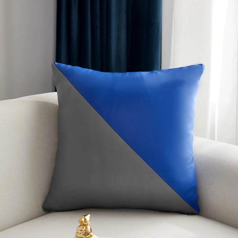 Housse de coussin Cuir - Triangle Bleu et Gris
