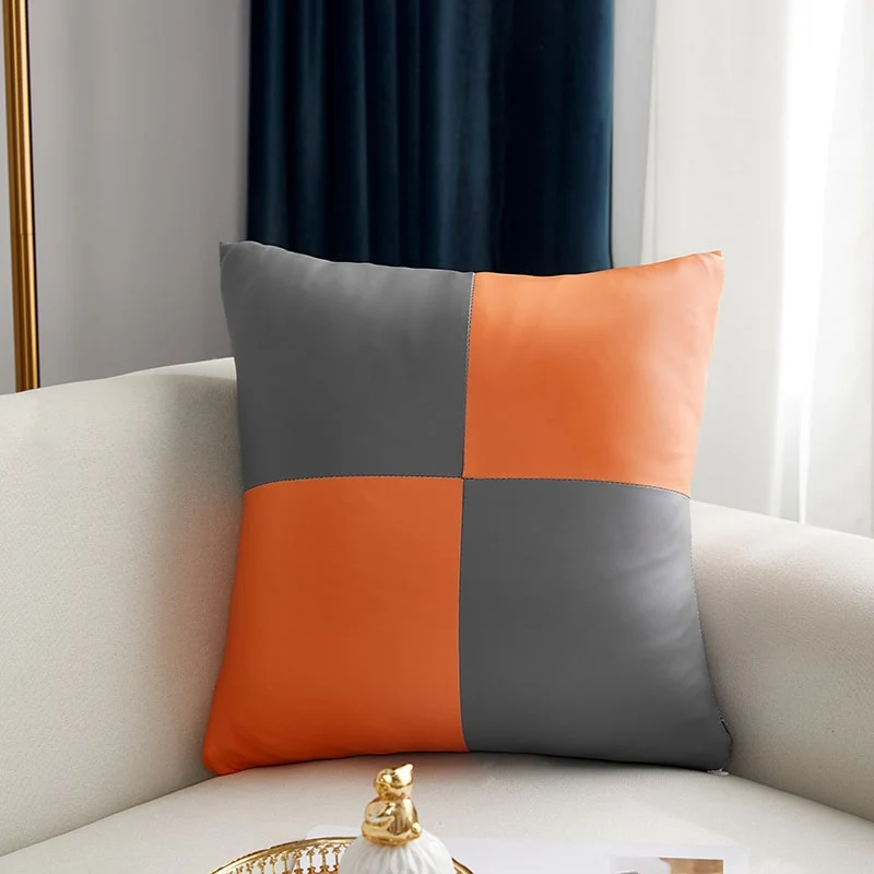 Housse de coussin Cuir - Damier Orange et Gris