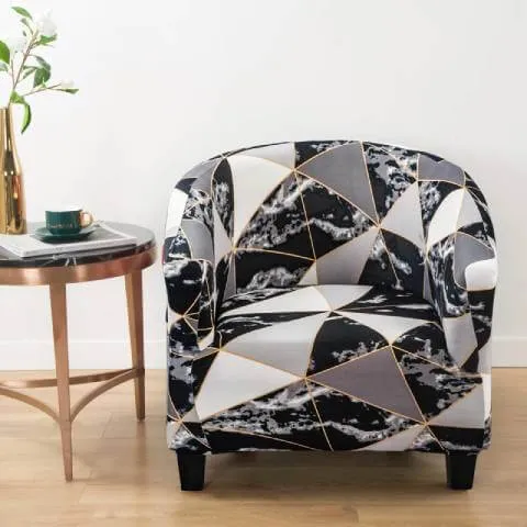 Housse de Fauteuil Club Extensible - Design Géométrique Noir & Marbre Or