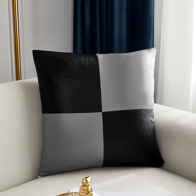 Housse de coussin Cuir - Damier Noir et Gris