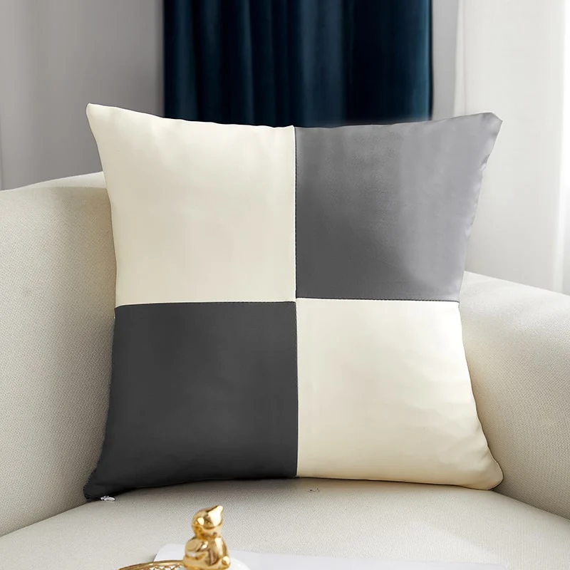 Housse de coussin Cuir - Damier Gris et Blanc